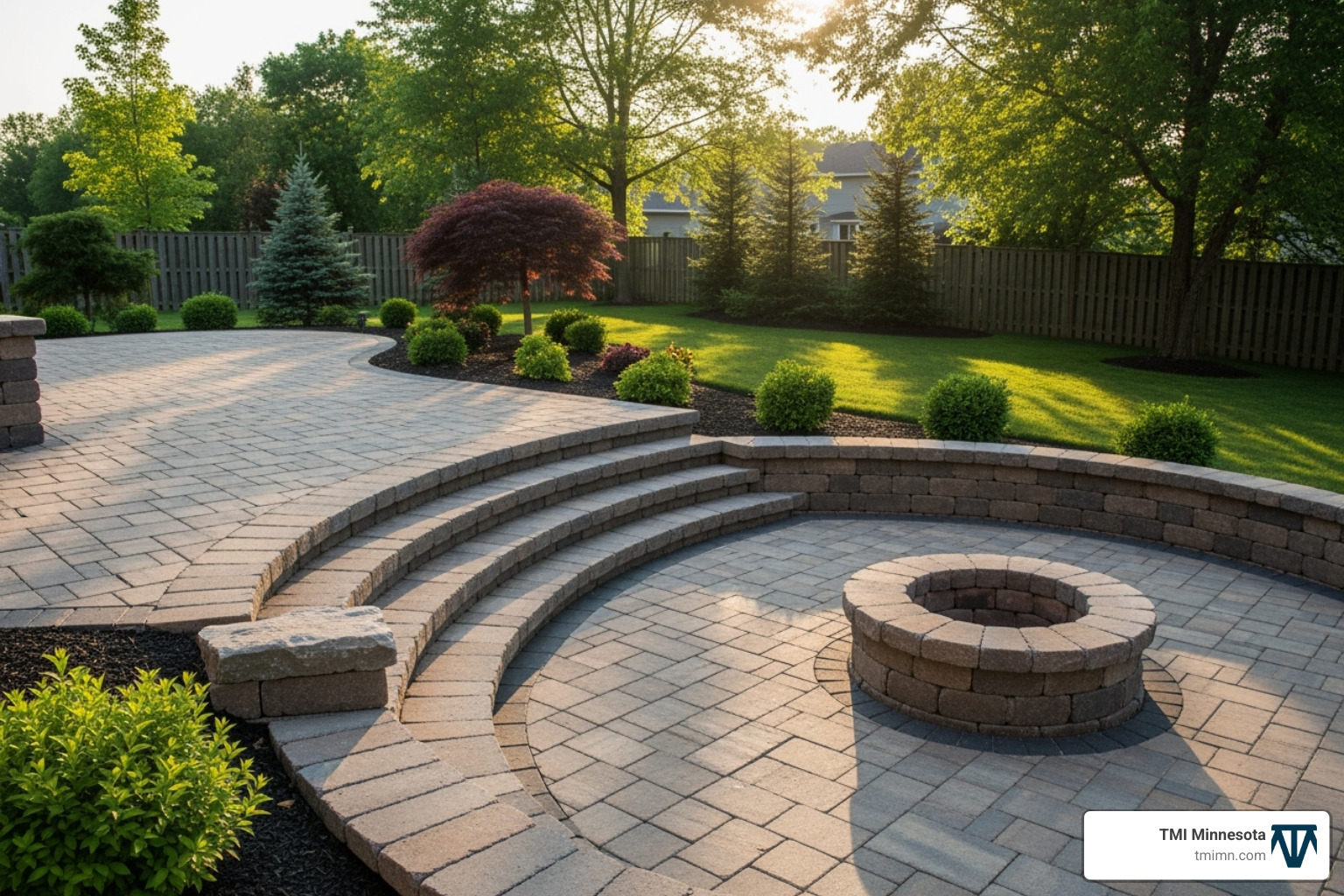 detailed hardscape project featuring a multi-level paver patio and a stone fire pit - hardscape and softscape