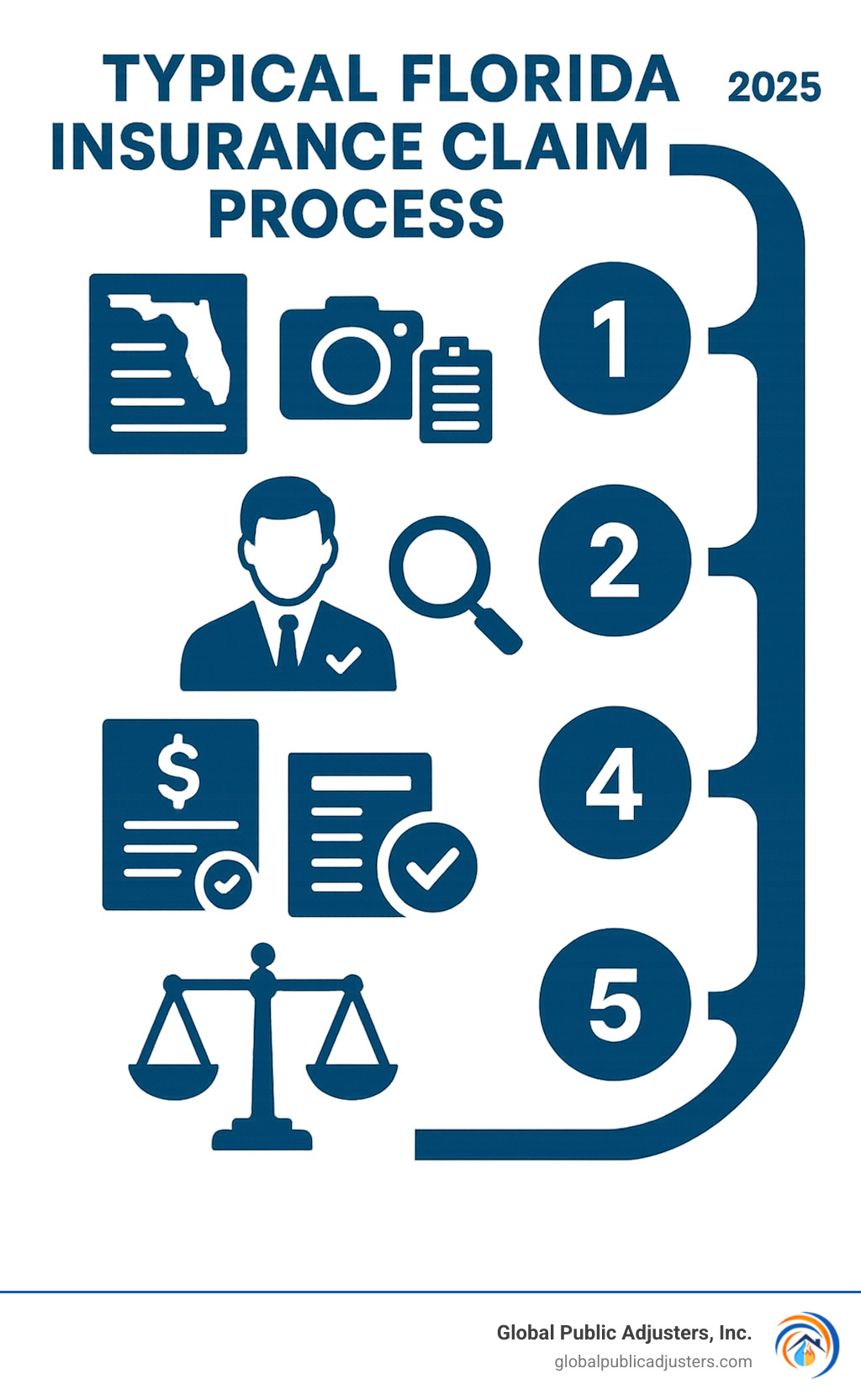 Infographic showing the 5 steps of a typical Florida insurance claim process: 1) Report the loss to your insurance company within required timeframe, 2) Document all damage with photos and inventory, 3) Insurance company sends their adjuster to inspect, 4) Insurance company makes settlement offer based on their adjuster's findings, 5) You accept, negotiate, or dispute the settlement through appraisal or legal action - public adjusters in Florida infographic 