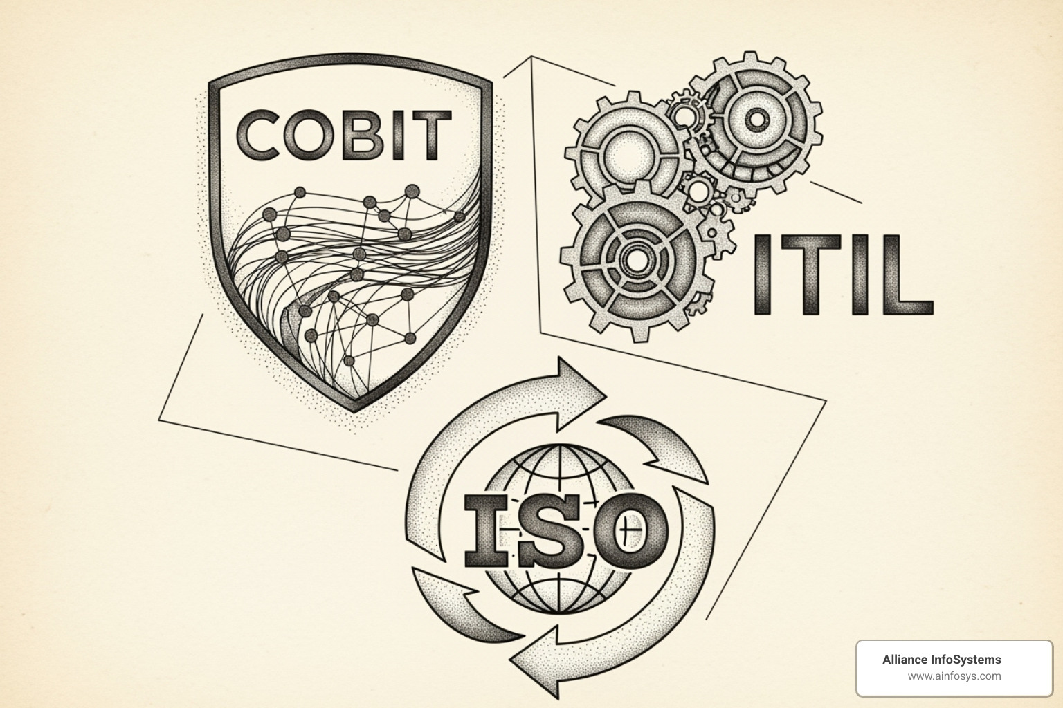 Logos for COBIT, ITIL, and ISO standards arranged together - IT governance consulting