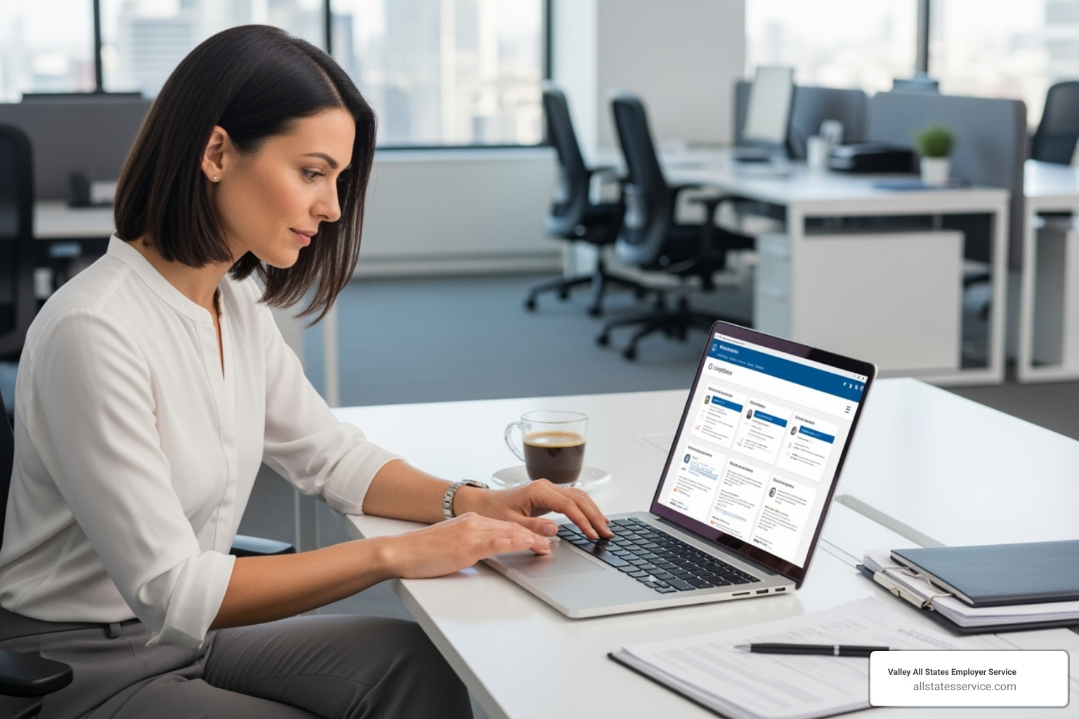 Image of an HR manager confidently using a laptop for compliance tasks - E-Verify and I-9