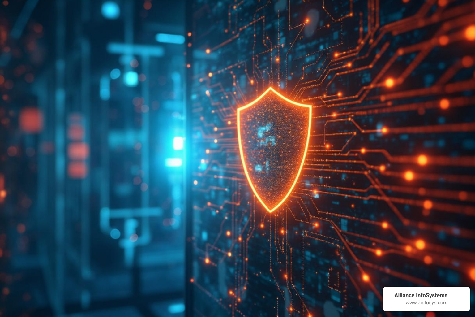 A shield protecting a network diagram, symbolizing cybersecurity and risk management - IT governance consulting
