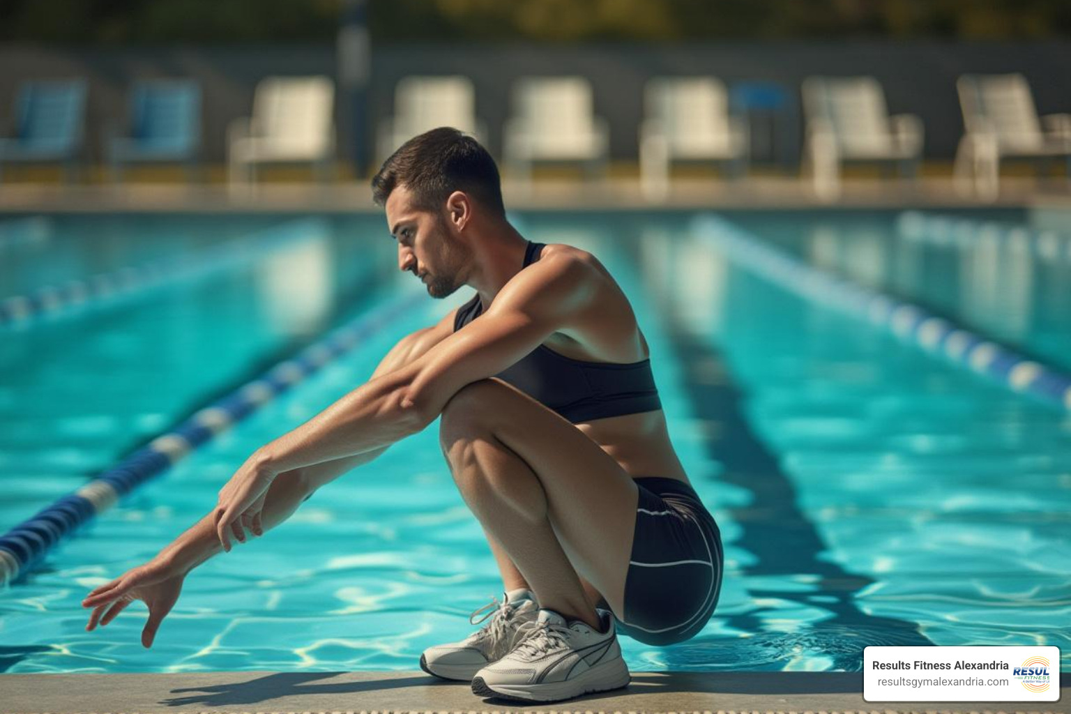 person stretching by the pool after a workout - aquatic exercise
