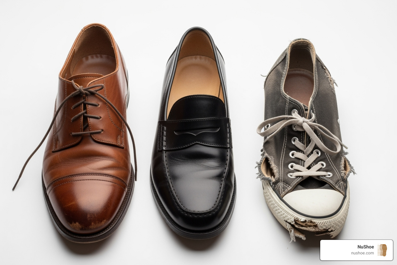 three shoes side-by-side labeled "Repair," "Donate," and "Recycle" - recycle shoes san diego