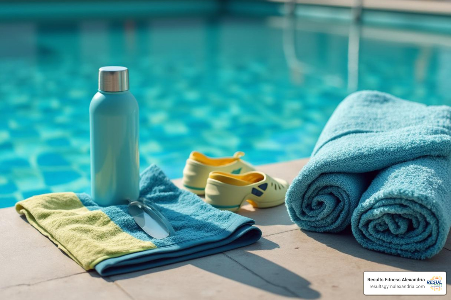 Essential pool gear like a water bottle, towel, and water shoes by the poolside - aquatic exercise