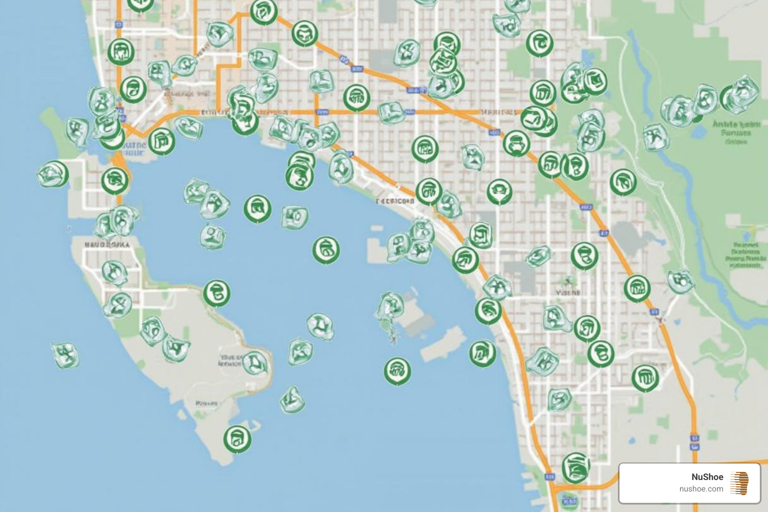 a map of San Diego with icons for different recycling drop-off points - recycle shoes san diego