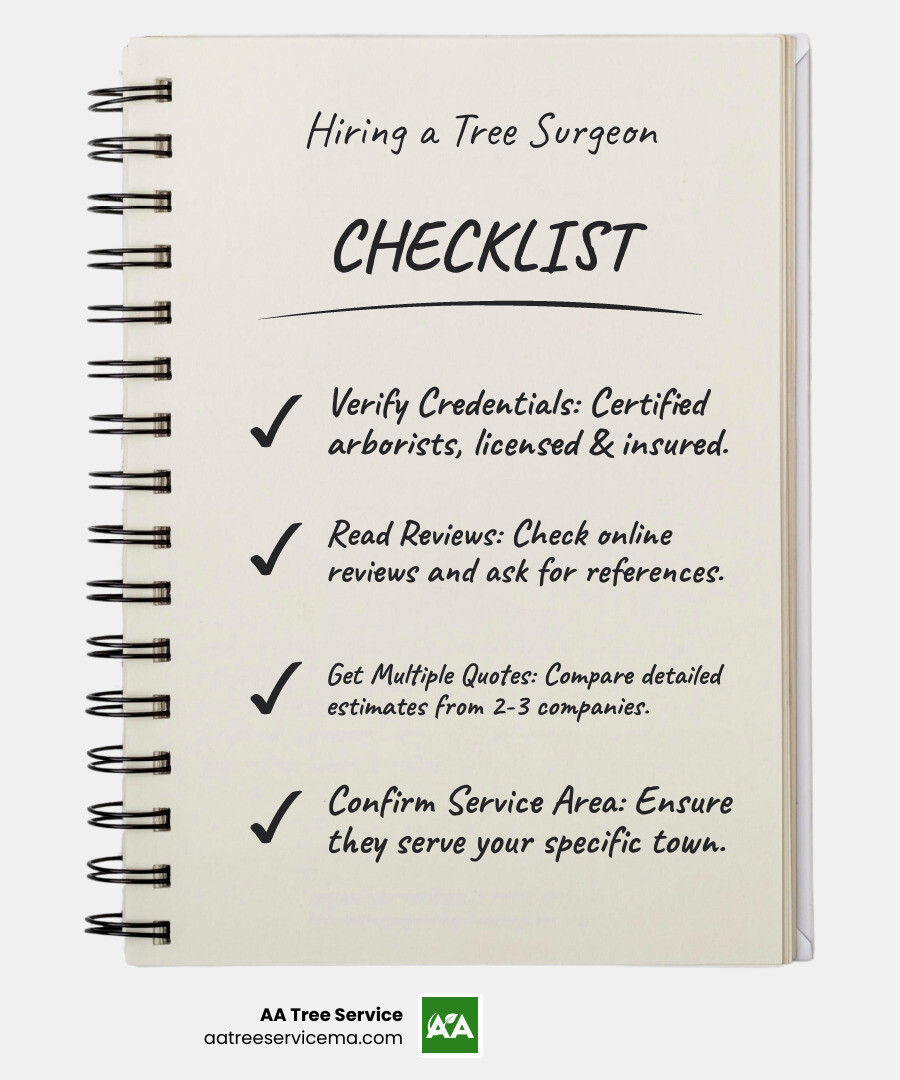 Infographic: Key Steps to Hiring a Local Tree Surgeon. Step 1: Check Certifications & Insurance. Step 2: Read Reviews & Get References. Step 3: Compare Multiple Quotes. Step 4: Confirm Local Service Area. - local tree surgeons in my area infographic checklist-notebook