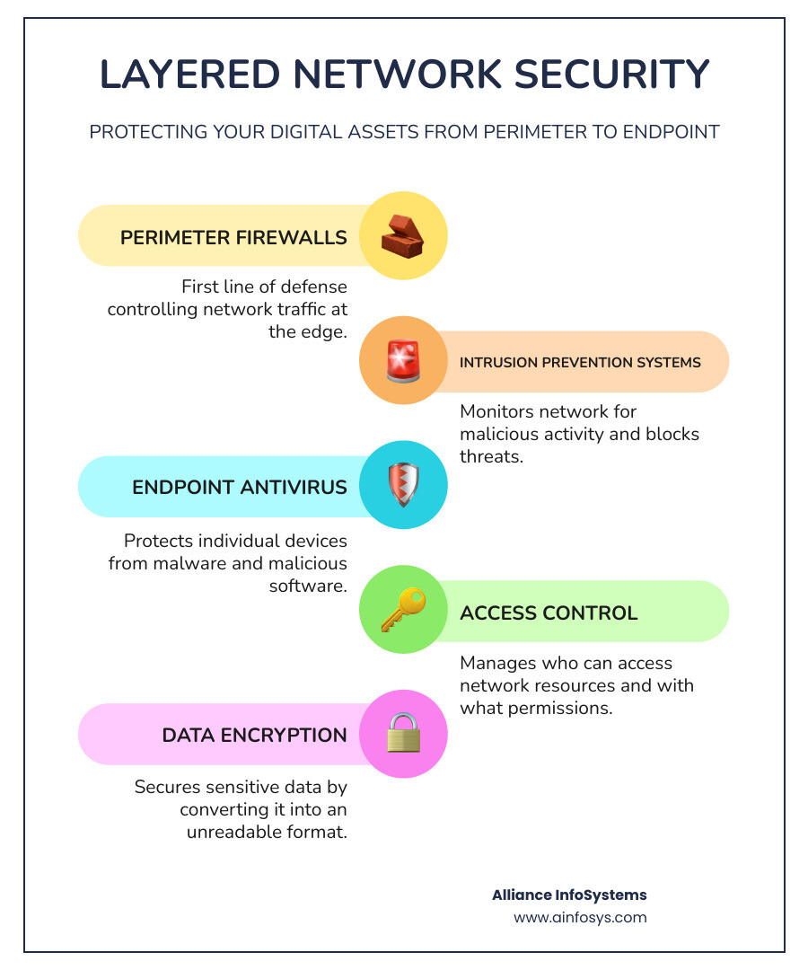 Infographic explaining the layers of network security from perimeter to endpoint, including firewalls, intrusion detection/prevention systems, antivirus, access control, and data encryption. - Network security management infographic infographic-line-5-steps-colors