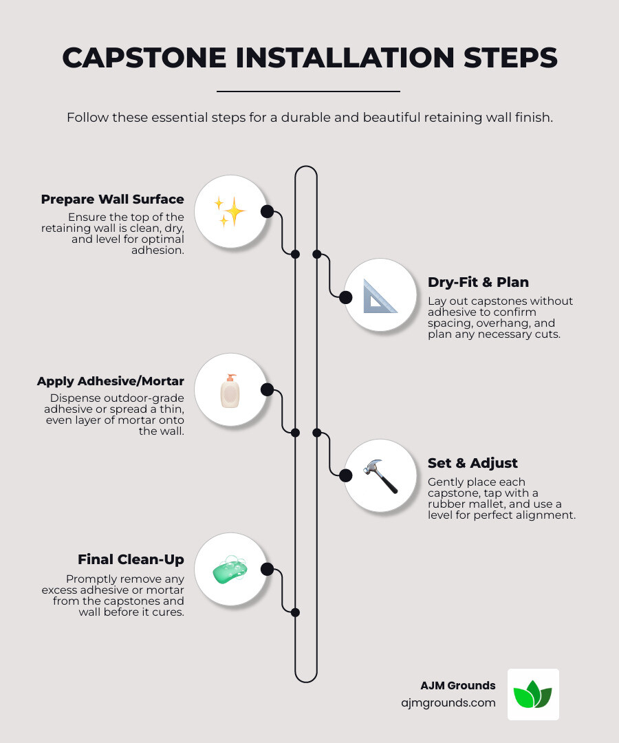 Infographic summarizing key steps for installing cap stone on retaining wall, including preparing the wall, applying adhesive, setting capstones, and ensuring proper alignment and leveling. - installing cap stone on retaining wall infographic infographic-line-5-steps-neat_beige Infographic summarizing key steps for installing cap stone on retaining wall, including preparing the wall, applying adhesive, setting capstones, and ensuring proper alignment and leveling. - installing cap stone on retaining wall infographic infographic-line-5-steps-neat_beige