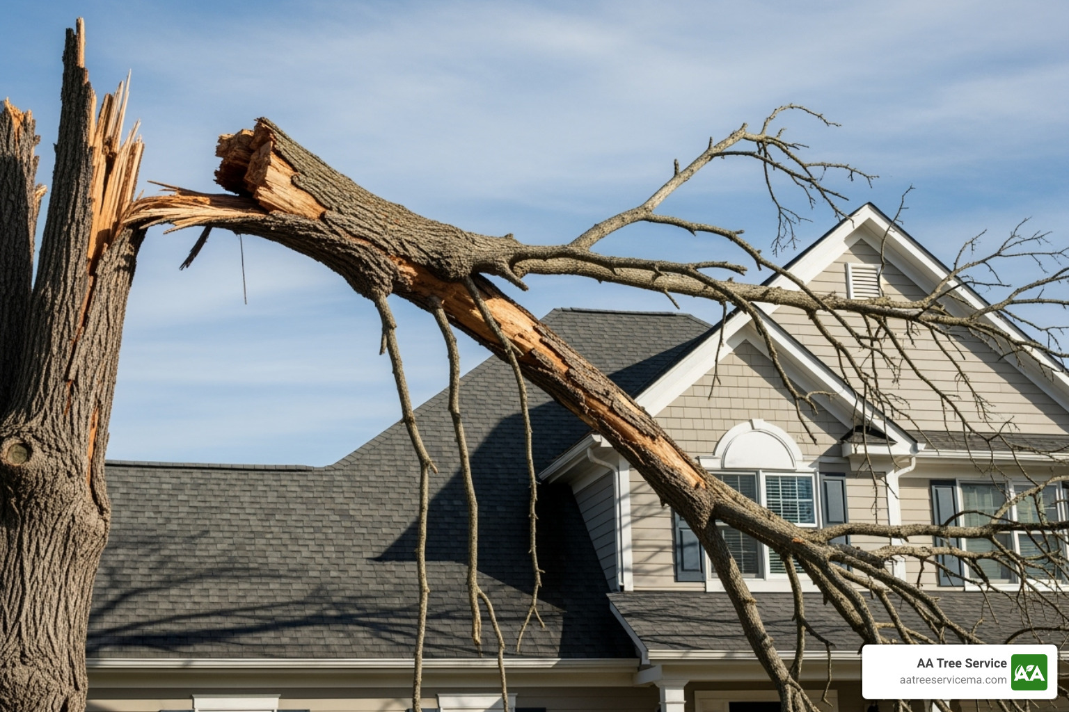 large, dead branch hanging precariously over a roof - local tree surgeons in my area