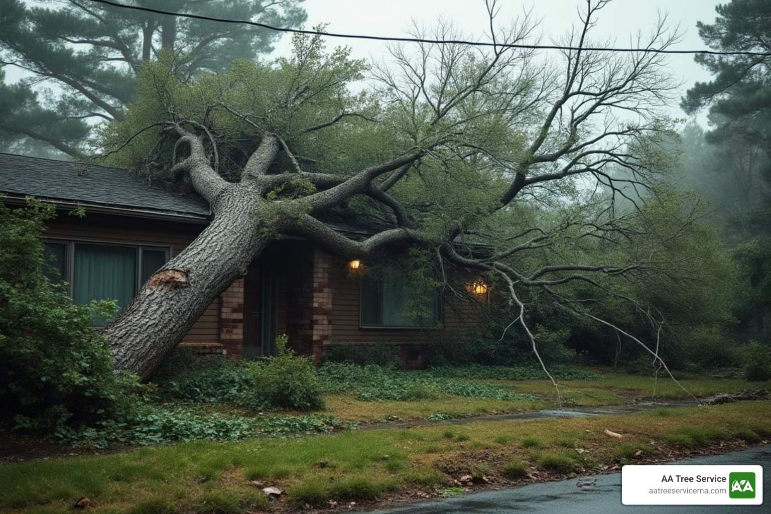 fallen tree on a house after a storm - local tree surgeons in my area