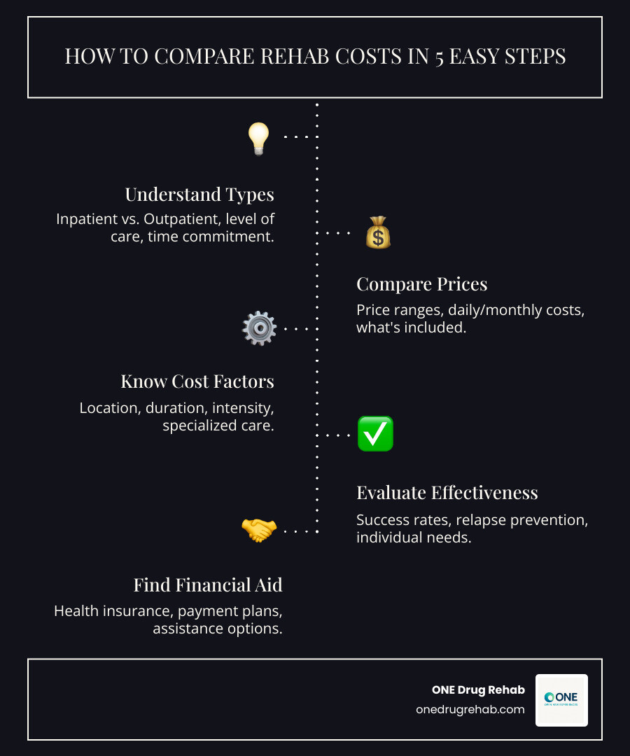 Infographic showing 5 steps to compare rehab costs: Step 1 - Understand treatment types (inpatient vs outpatient), Step 2 - Compare price ranges and what's included, Step 3 - Identify cost factors like location and duration, Step 4 - Evaluate effectiveness versus cost-effectiveness, Step 5 - Explore insurance coverage and financial aid options - rehab cost comparison infographic infographic-line-5-steps-dark