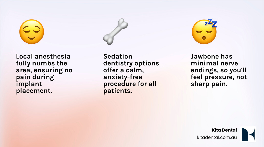 Infographic explaining the key factors contributing to a pain-free dental implant experience, including local anesthesia, sedation options, and the absence of nerve endings in the jawbone where the implant is placed. - pain free dental implants infographic 3_facts_emoji_light-gradient Infographic explaining the key factors contributing to a pain-free dental implant experience, including local anesthesia, sedation options, and the absence of nerve endings in the jawbone where the implant is placed. - pain free dental implants infographic 3_facts_emoji_light-gradient