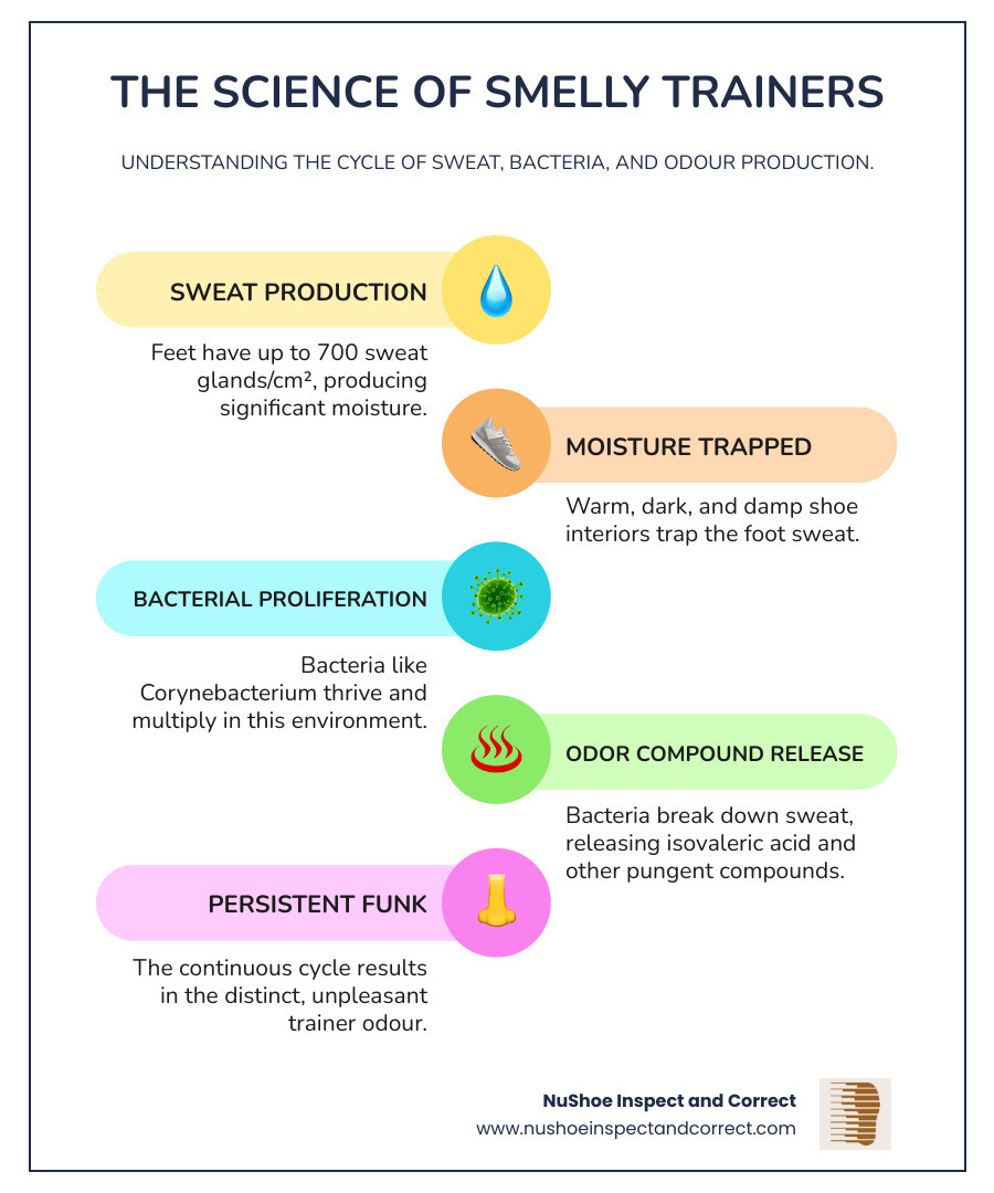 Comprehensive infographic showing the cycle of foot sweat production, bacterial growth in warm moist shoe environments, breakdown of sweat into odor-causing compounds like isovaleric acid, and the resulting unpleasant trainer odours with prevention methods - trainer odour removal infographic infographic-line-5-steps-colors