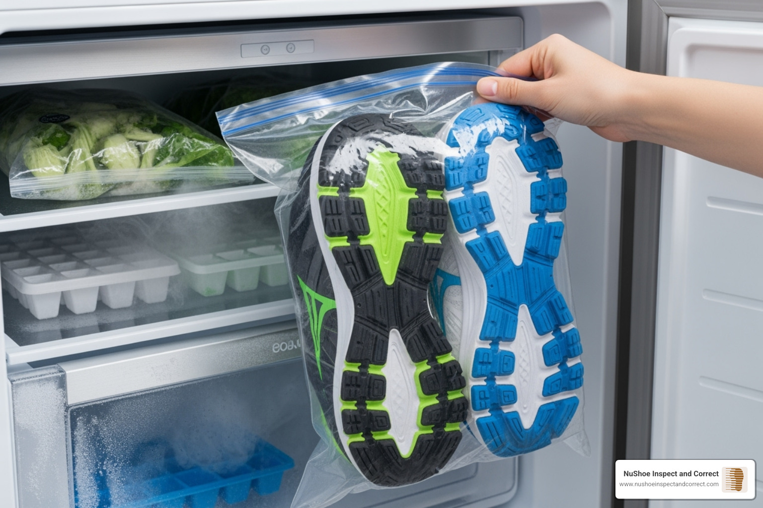 shoes in a ziplock bag being placed in a freezer - trainer odour removal