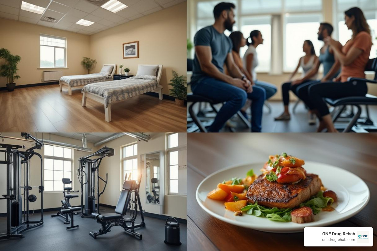 A collage of images showing different rehab amenities: a basic room, a therapy session, a gym, and a gourmet meal - rehab cost comparison
