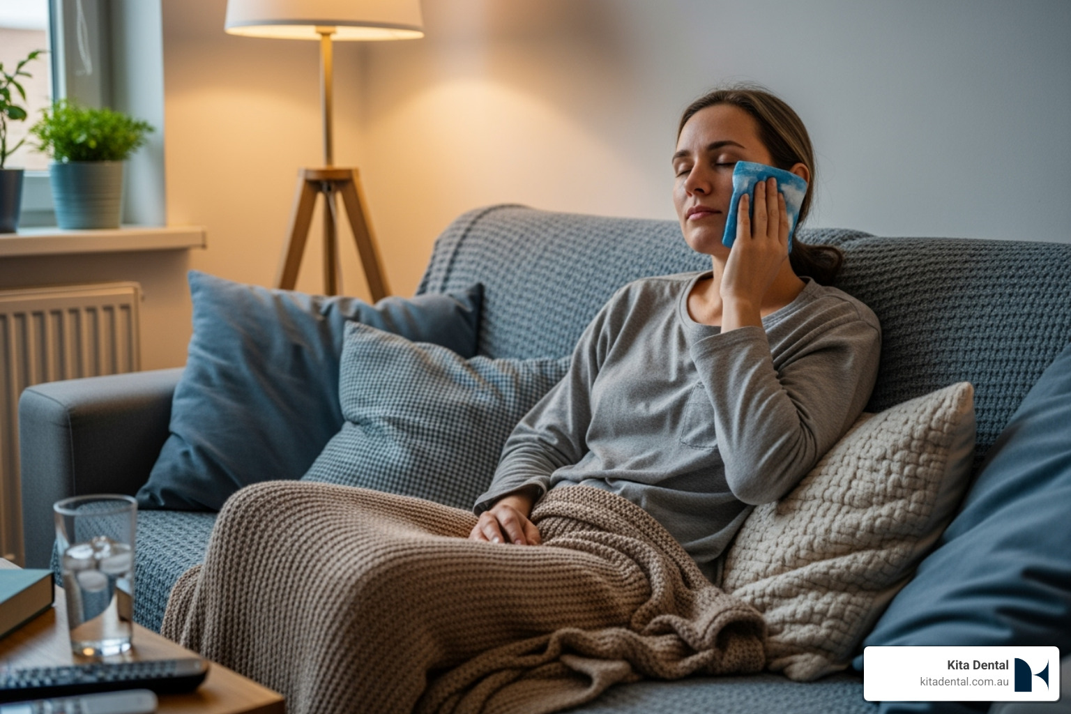 A person relaxing at home with a cold compress on their cheek, indicating post-operative care. - pain free dental implants A person relaxing at home with a cold compress on their cheek, indicating post-operative care. - pain free dental implants