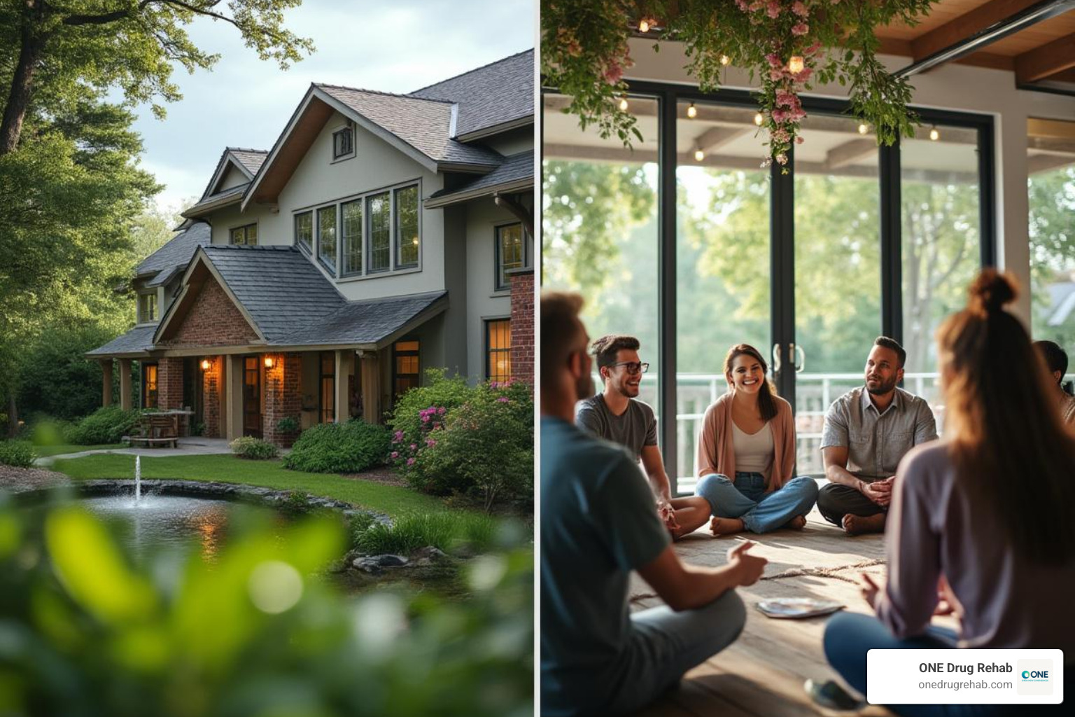 A serene residential rehab facility with lush greenery versus a person attending a group therapy session in a community center - rehab cost comparison