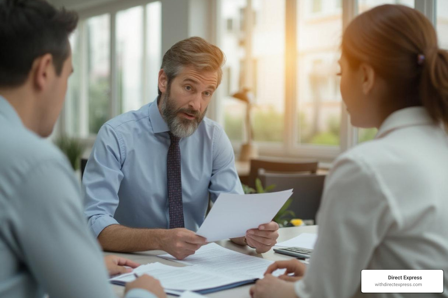 mortgage loan officer explaining documents to a client at a desk - mortgage loan officers