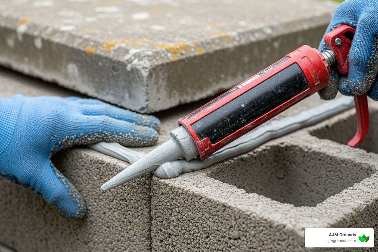 applying masonry adhesive to retaining wall block - installing cap stone on retaining wall applying masonry adhesive to retaining wall block - installing cap stone on retaining wall
