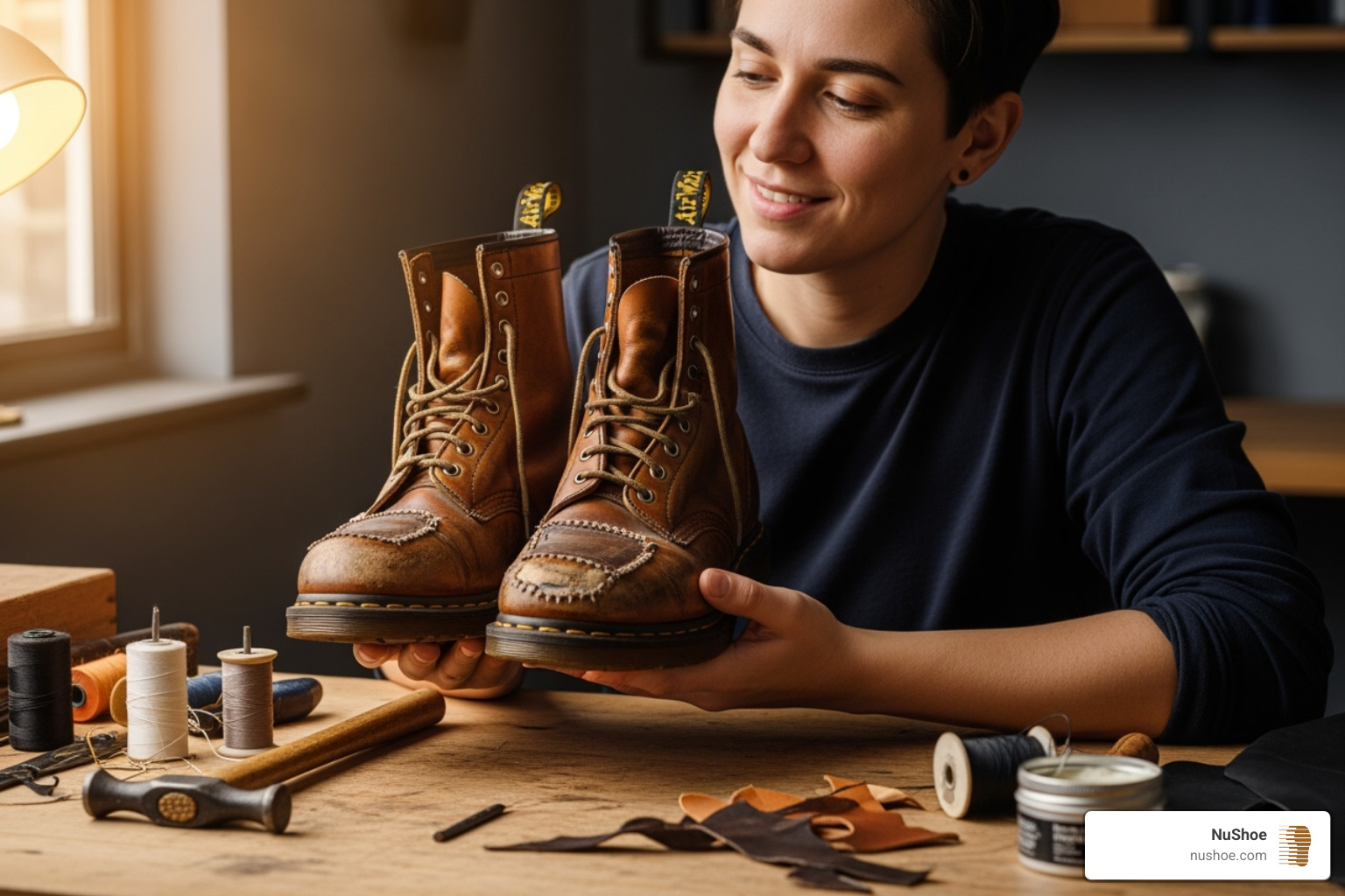 person admiring their favorite pair of repaired vintage boots - shoe repair prices
