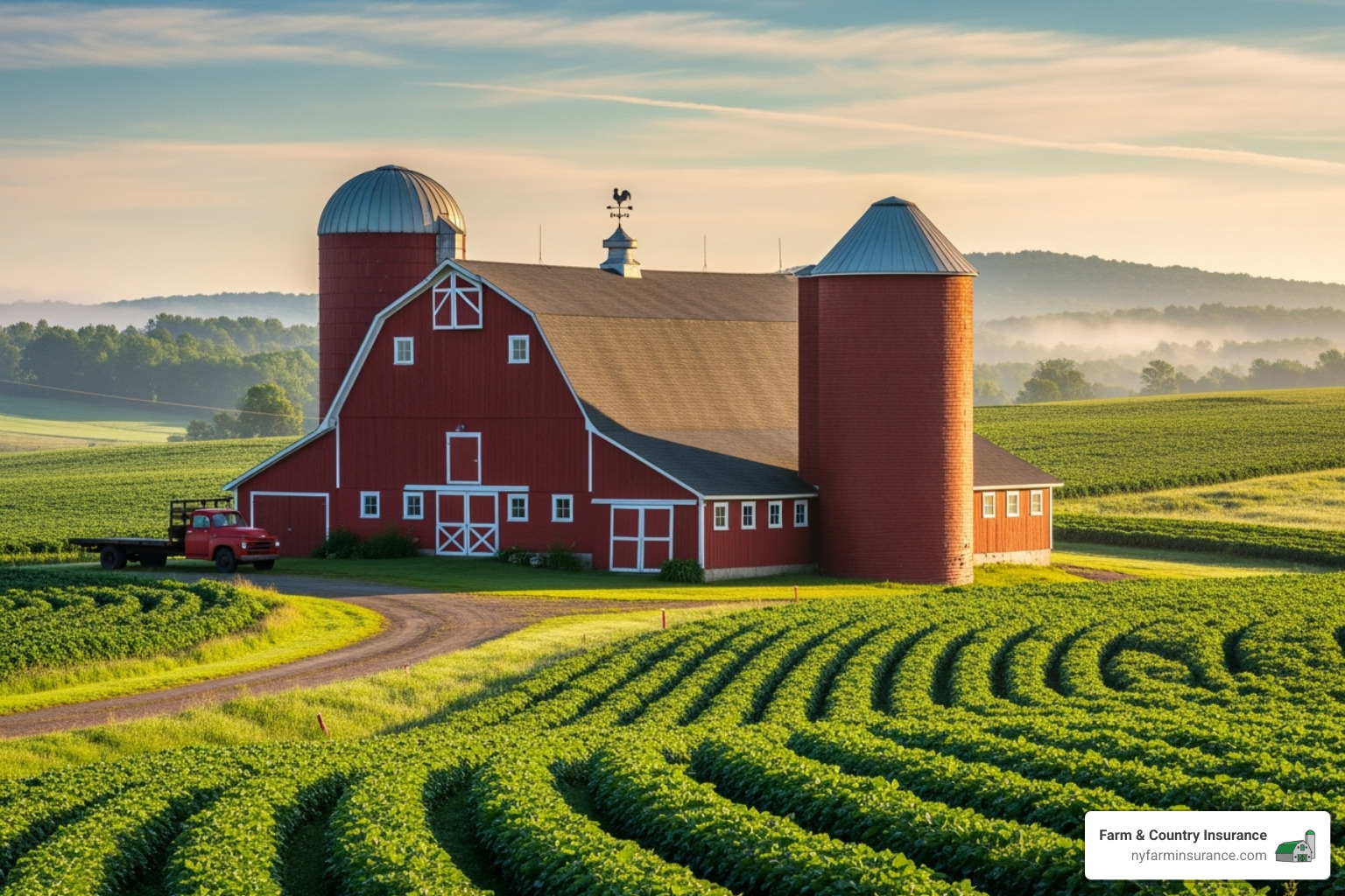A well-maintained barn and silo complex in rural New York, bathed in morning light - farm owner insurance