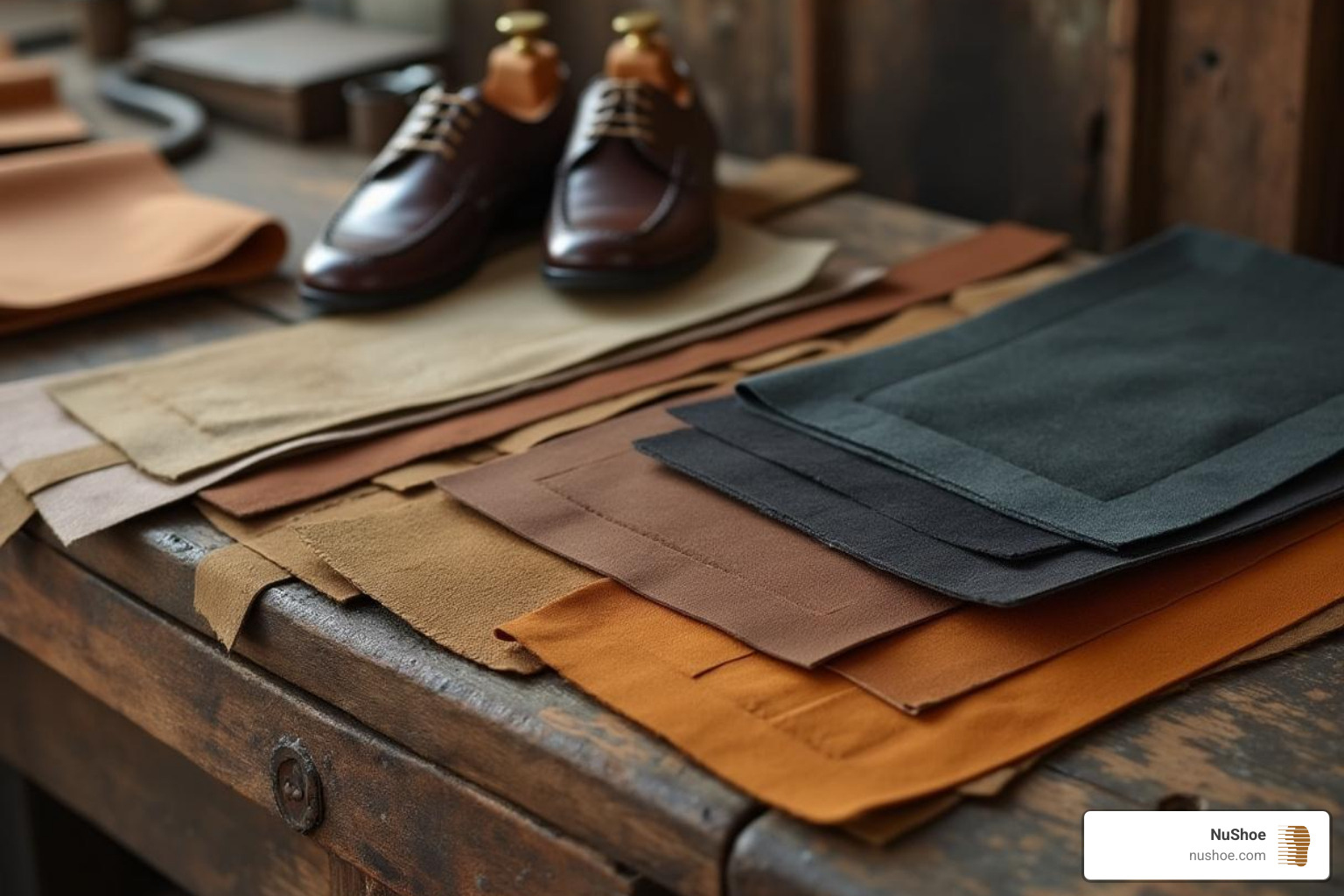 various shoe materials like full-grain leather, suede, and rubber soles laid out on a workbench - shoe repair prices