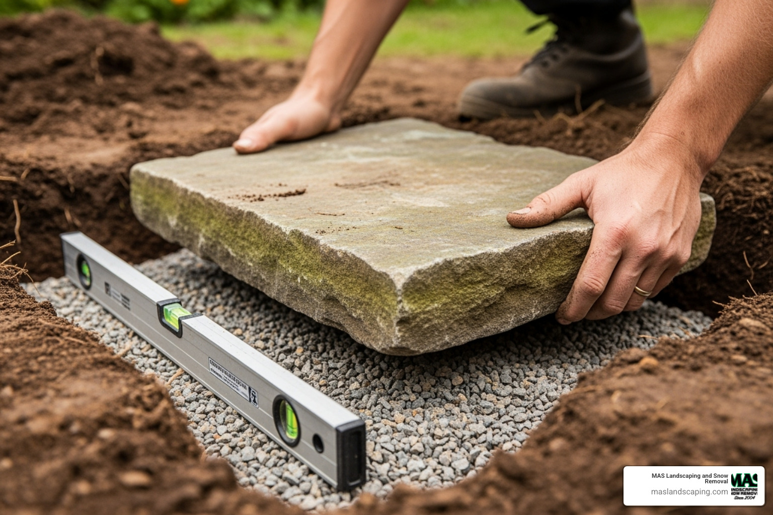 Large, flat base stones being carefully placed and leveled in a gravel-filled trench - garden stone wall Large, flat base stones being carefully placed and leveled in a gravel-filled trench - garden stone wall