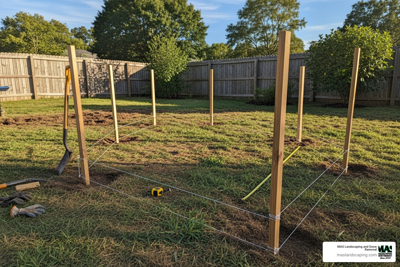 Planned wall layout using stakes and string in a backyard - garden stone wall Planned wall layout using stakes and string in a backyard - garden stone wall
