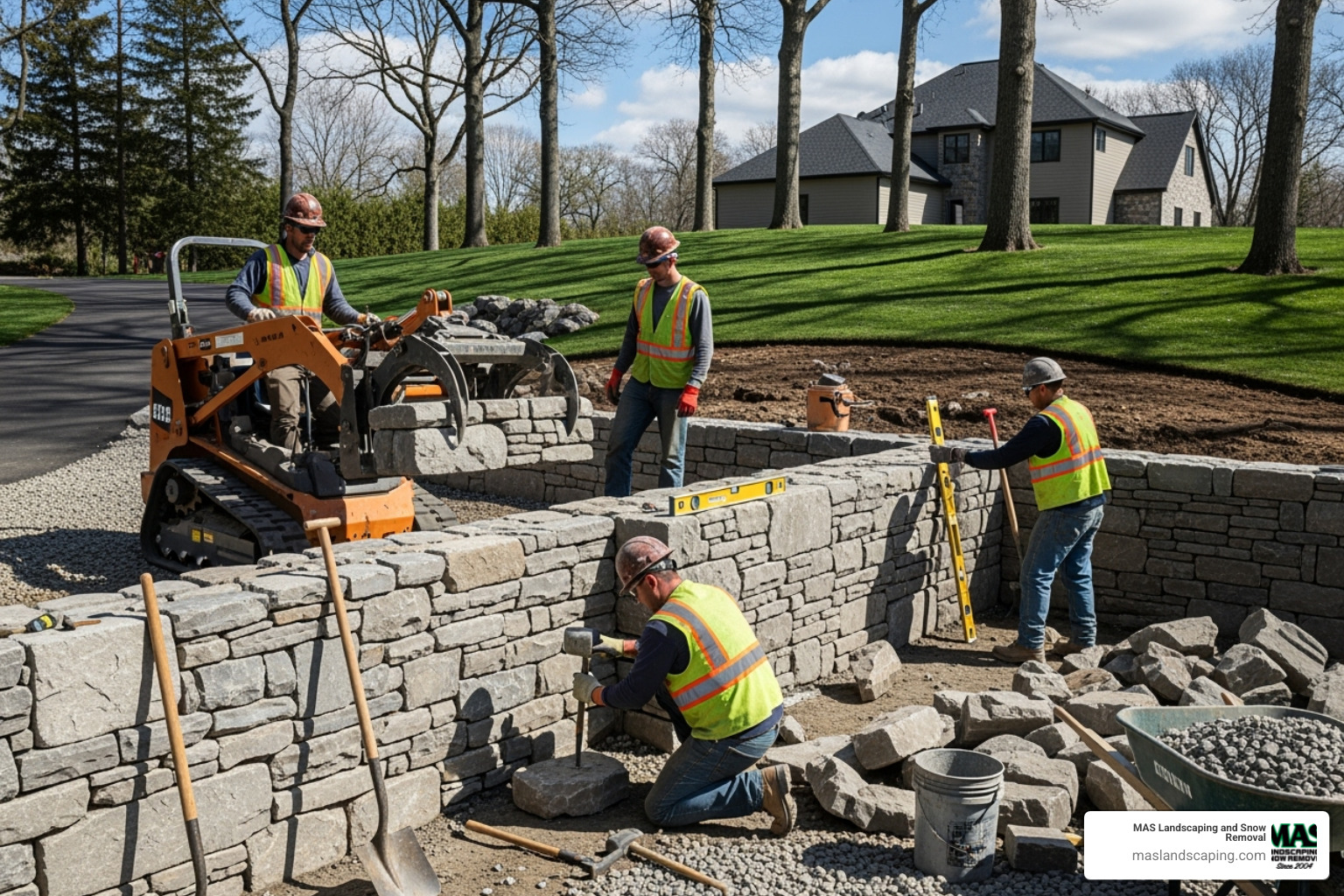 Professional hardscape team constructing a large, complex retaining wall - garden stone wall Professional hardscape team constructing a large, complex retaining wall - garden stone wall