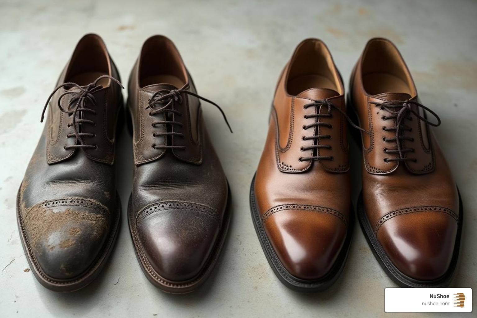 before-and-after comparison of a pair of worn-out dress shoes next to the same pair after a full restoration - shoe repair prices