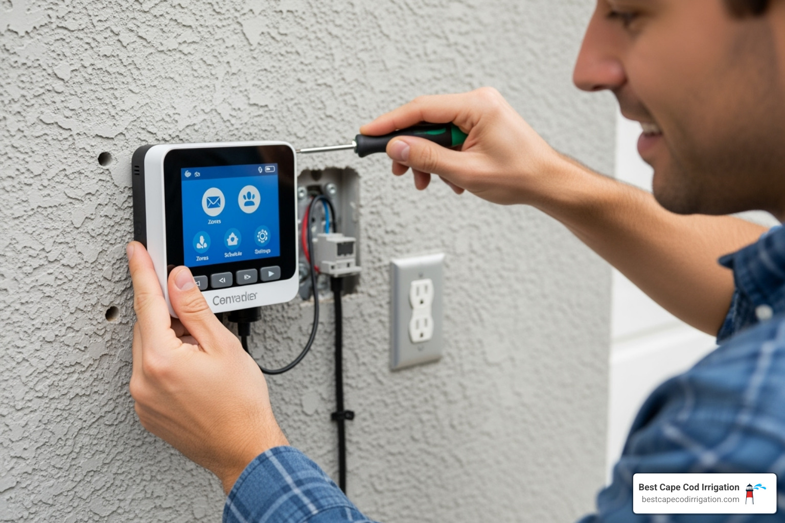 A person easily installing a smart sprinkler controller on a wall, highlighting ease of setup. - smart sprinkler timer A person easily installing a smart sprinkler controller on a wall, highlighting ease of setup. - smart sprinkler timer
