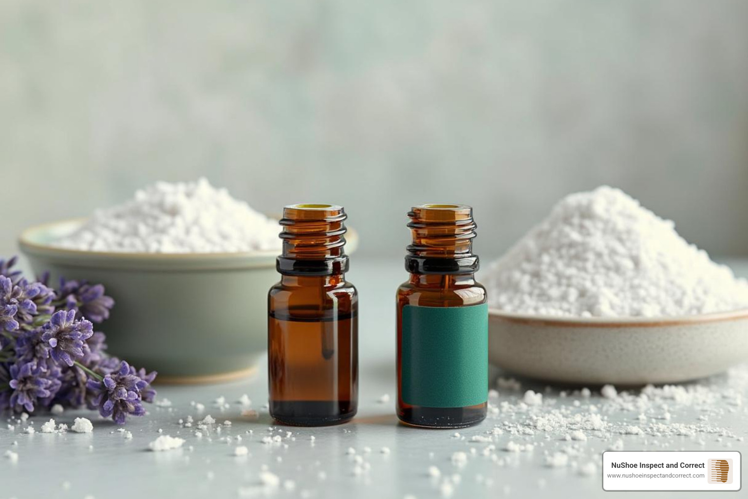 baking soda, cornstarch, and essential oil bottles (lavender, tea tree) - trainer odour removal