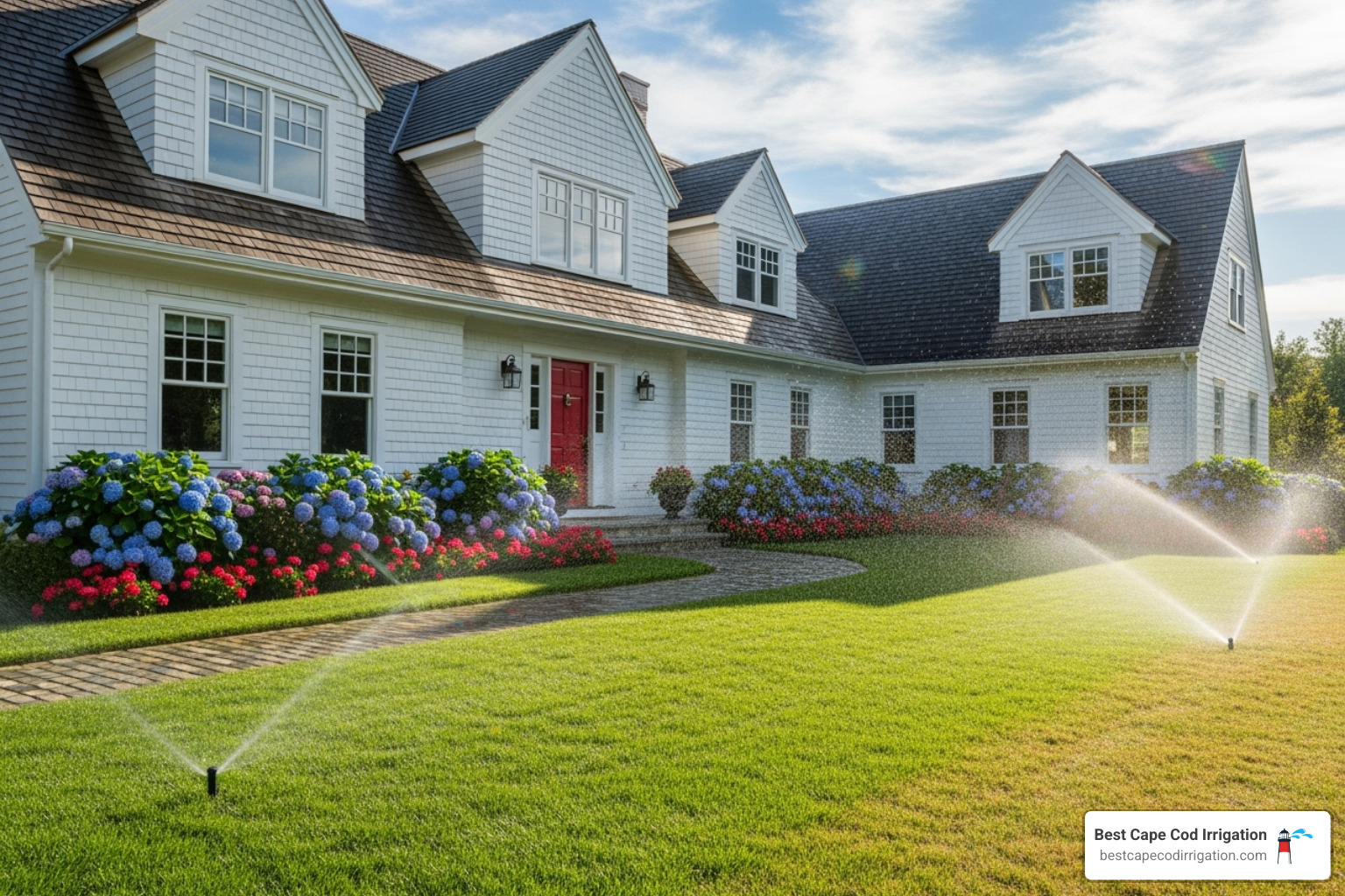 A beautiful Cape Cod home with a healthy, green lawn, showing the results of smart irrigation. - smart sprinkler timer A beautiful Cape Cod home with a healthy, green lawn, showing the results of smart irrigation. - smart sprinkler timer