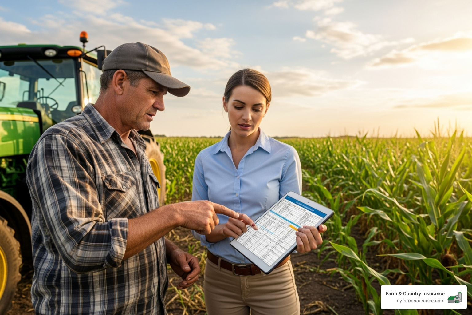 A farmer and an insurance agent reviewing paperwork on a tablet in a field - farm owner insurance