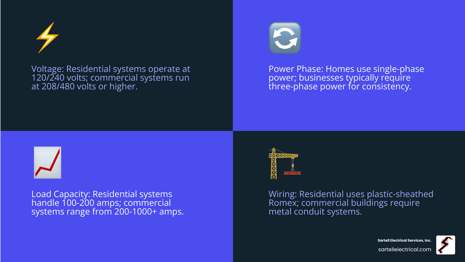 Comprehensive comparison infographic showing residential electrical systems on the left with single-phase 120/240V power, plastic-sheathed wiring, and basic circuit breakers, versus commercial electrical systems on the right featuring three-phase 208/480V+ power, metal conduit wiring, transformers, generators, and complex distribution panels - residential and commercial electrical systems infographic 4_facts_emoji_blue Comprehensive comparison infographic showing residential electrical systems on the left with single-phase 120/240V power, plastic-sheathed wiring, and basic circuit breakers, versus commercial electrical systems on the right featuring three-phase 208/480V+ power, metal conduit wiring, transformers, generators, and complex distribution panels - residential and commercial electrical systems infographic 4_facts_emoji_blue