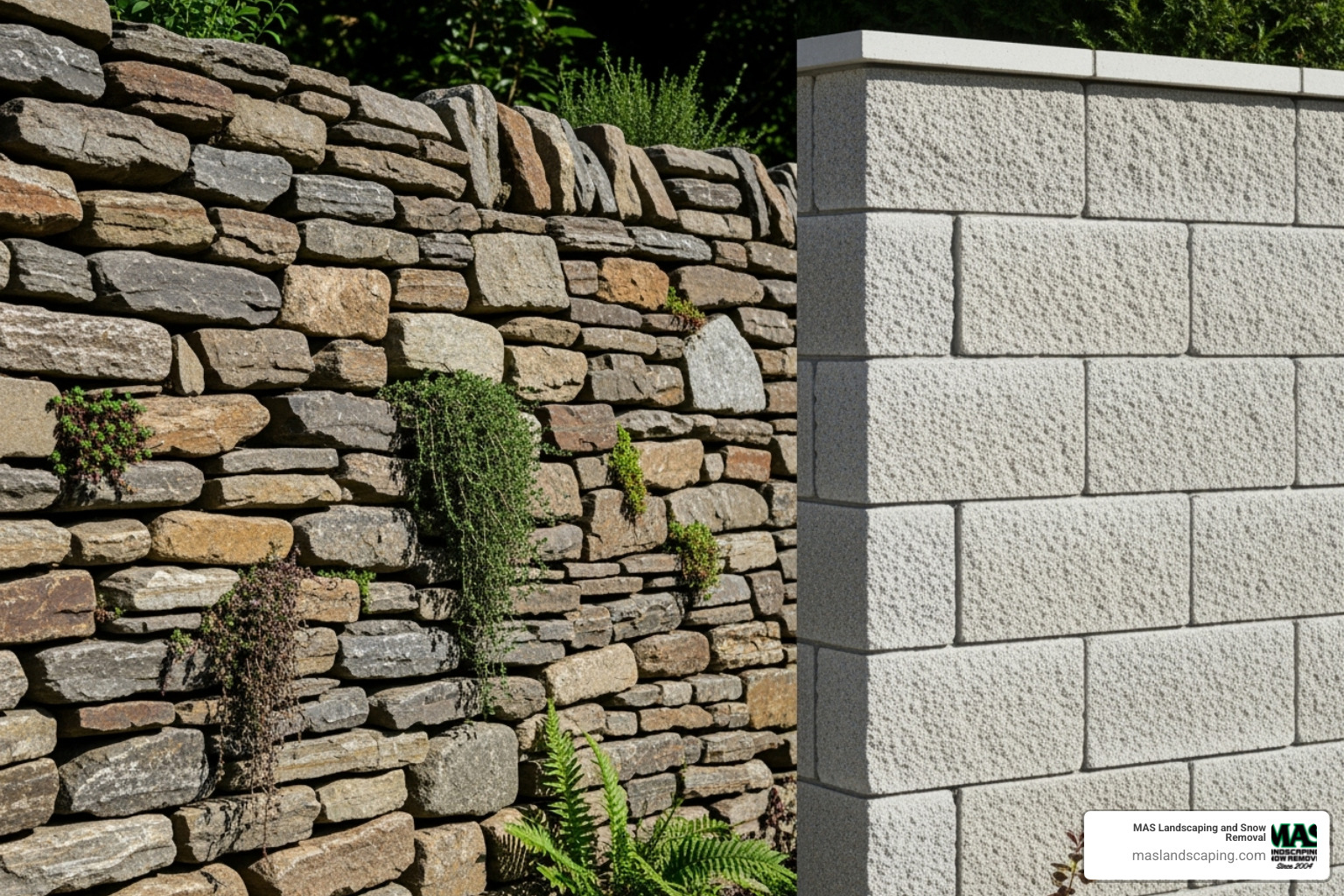 Side-by-side comparison of a dry-stacked wall with plants in its crevices and a sleek, mortared wall - garden stone wall Side-by-side comparison of a dry-stacked wall with plants in its crevices and a sleek, mortared wall - garden stone wall