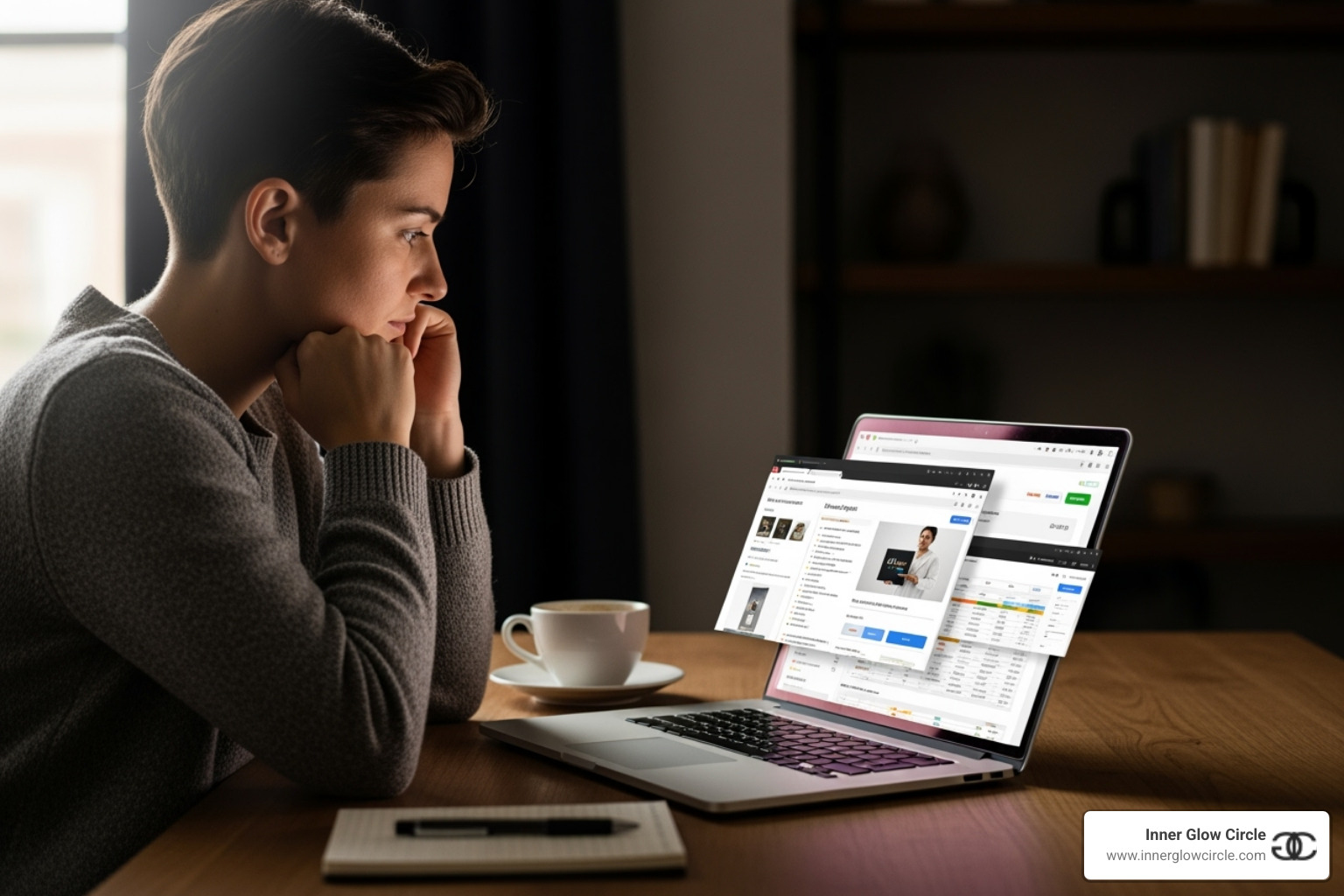a person thoughtfully comparing options on a laptop - mindful self-development coaching program