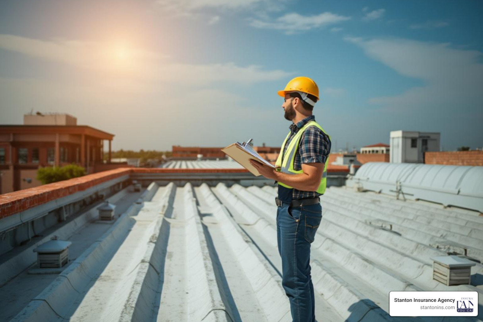 Contractor on a commercial roof performing an inspection with a clipboard - is collapse covered by commercial property insurance