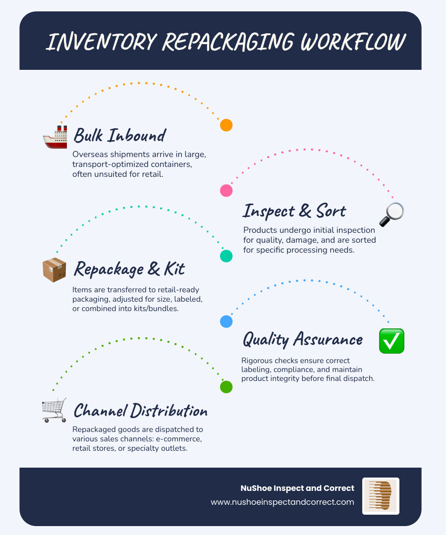 Comprehensive infographic showing the inventory repackaging process: bulk shipments arriving at warehouse, inspection and sorting phase, repackaging into retail-ready formats, quality control checkpoints, and final distribution to various sales channels including e-commerce, retail stores, and specialty outlets - inventory repackaging infographic infographic-line-5-steps-blues-accent_colors