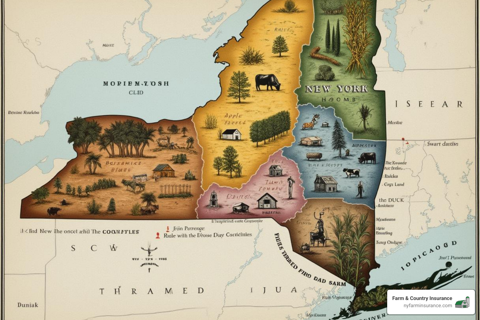 A map of New York State with various agricultural regions highlighted, showing different types of farming activities in each area. - small farm insurance cost