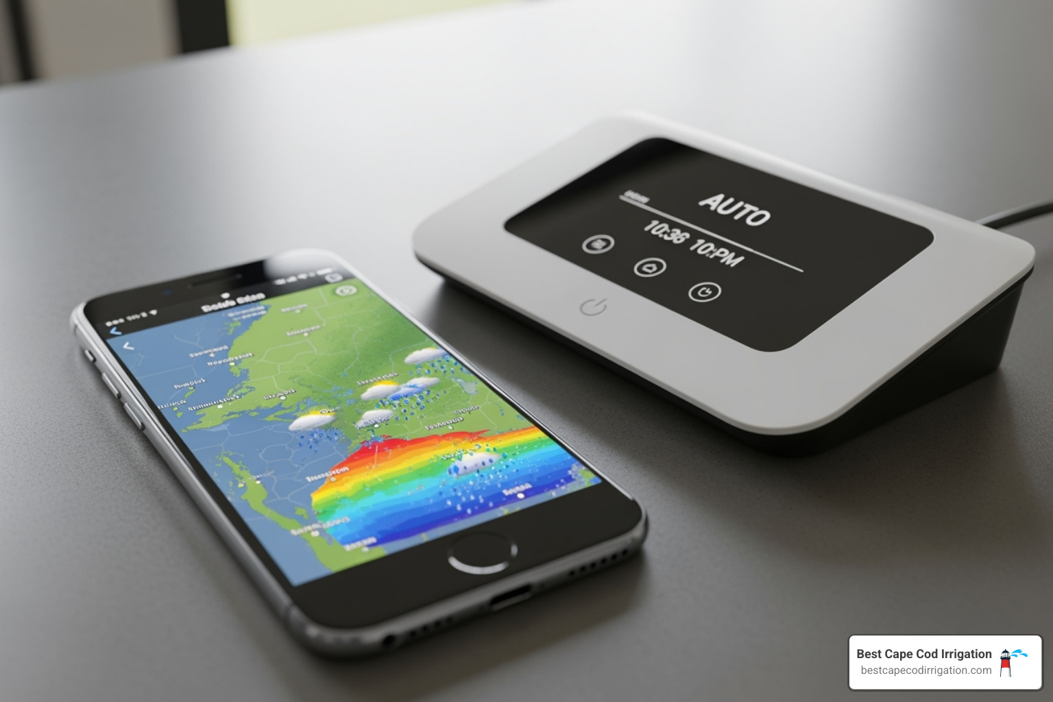 A weather map on a phone next to a sprinkler controller, illustrating smart weather integration. - smart sprinkler timer A weather map on a phone next to a sprinkler controller, illustrating smart weather integration. - smart sprinkler timer