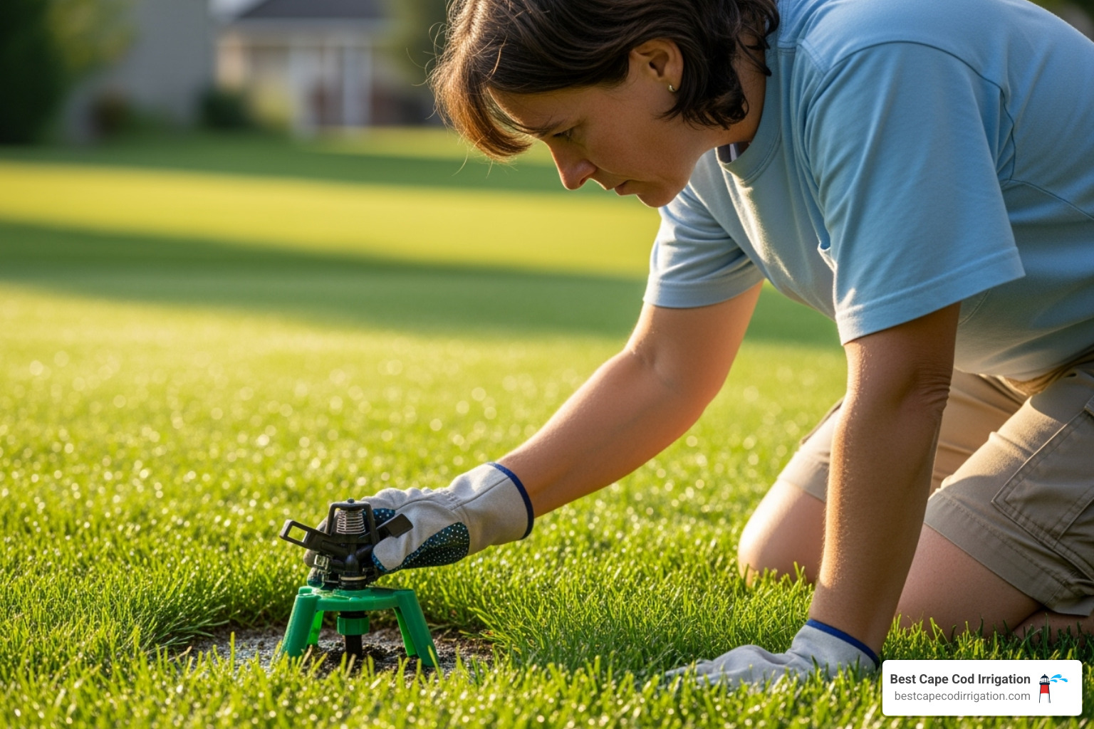 A person inspecting a sprinkler head in their yard for leaks - Sprinkler system leak detection