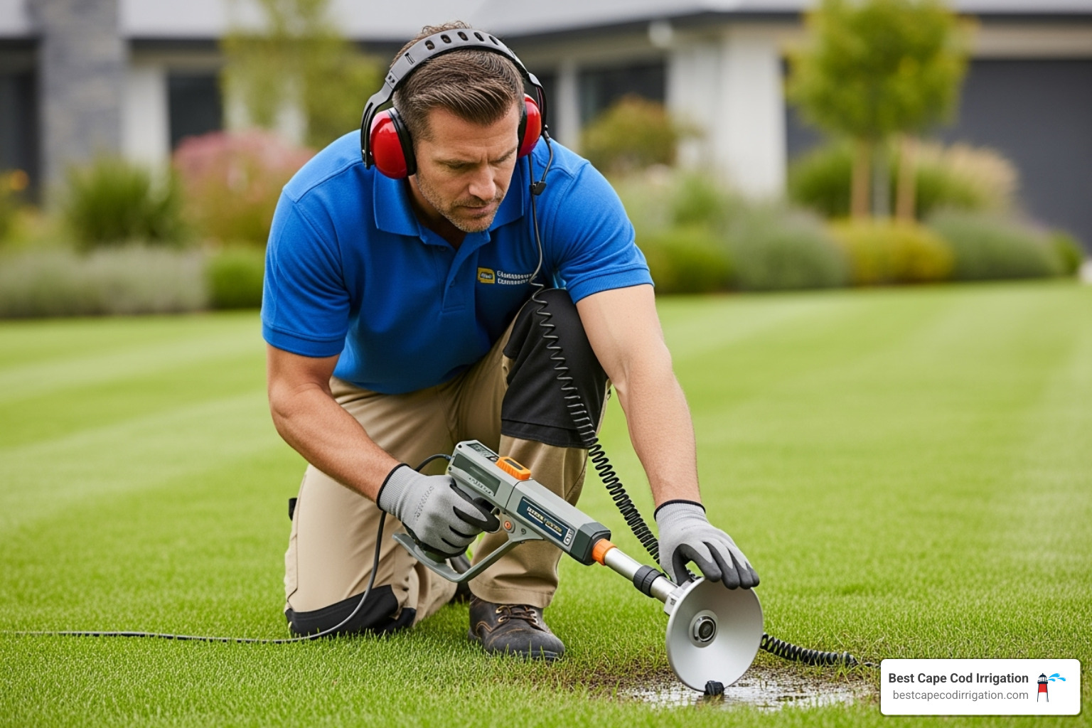 A professional irrigation technician using an acoustic leak detector - Sprinkler system leak detection