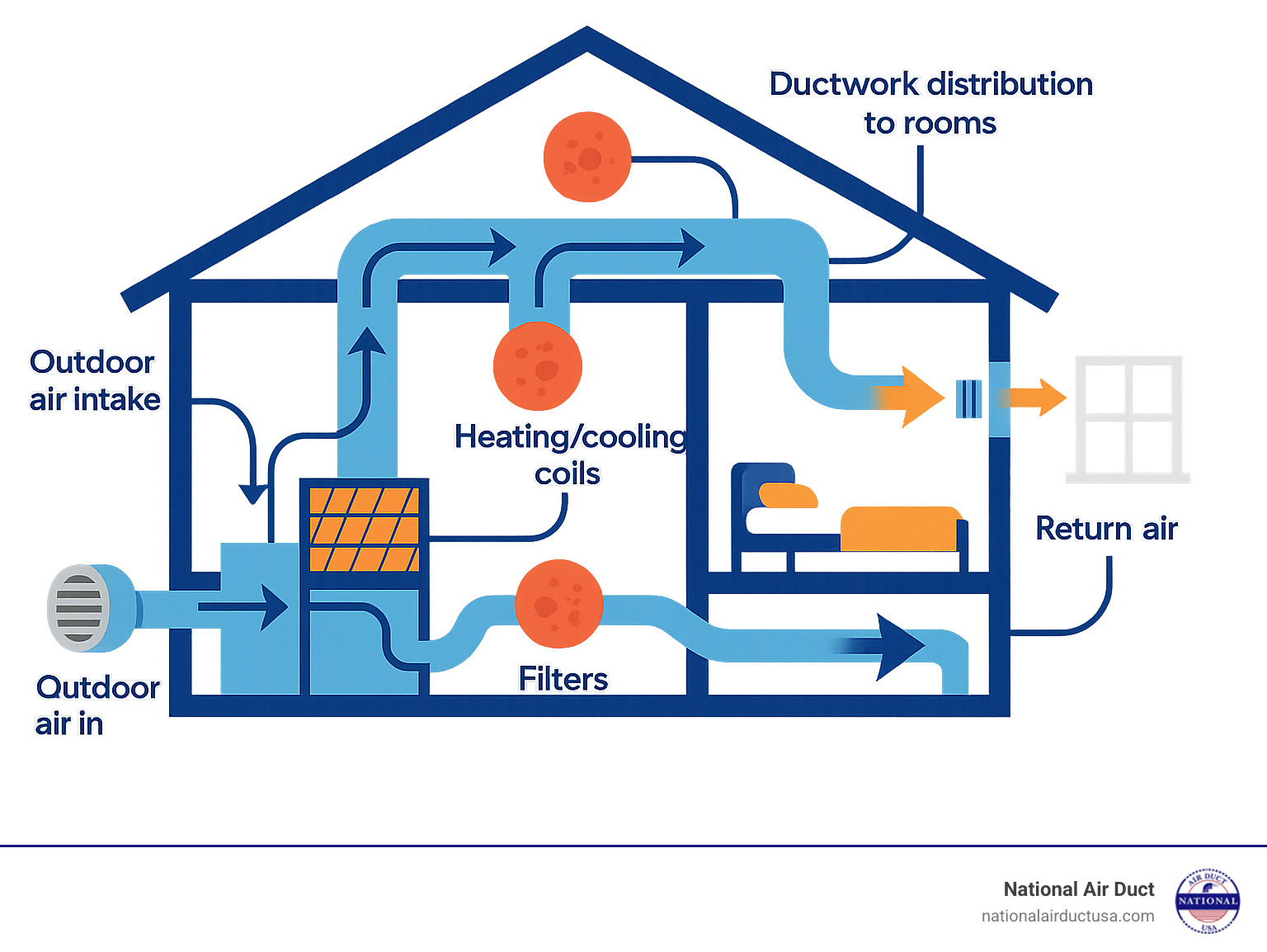 Detailed infographic showing the complete airflow path through a home's HVAC system, from outdoor air intake through filters, heating/cooling coils, ductwork distribution to rooms, return air collection, and back to the system, with callouts highlighting where contaminants can accumulate and why proper cleaning methods matter more than chemical sprays - can you spray disinfectant in air ducts infographic 