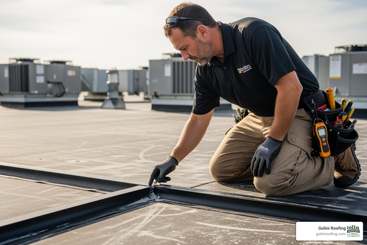 roofing professional inspecting seams on a flat roof - commercial roofing & waterproofing roofing professional inspecting seams on a flat roof - commercial roofing & waterproofing