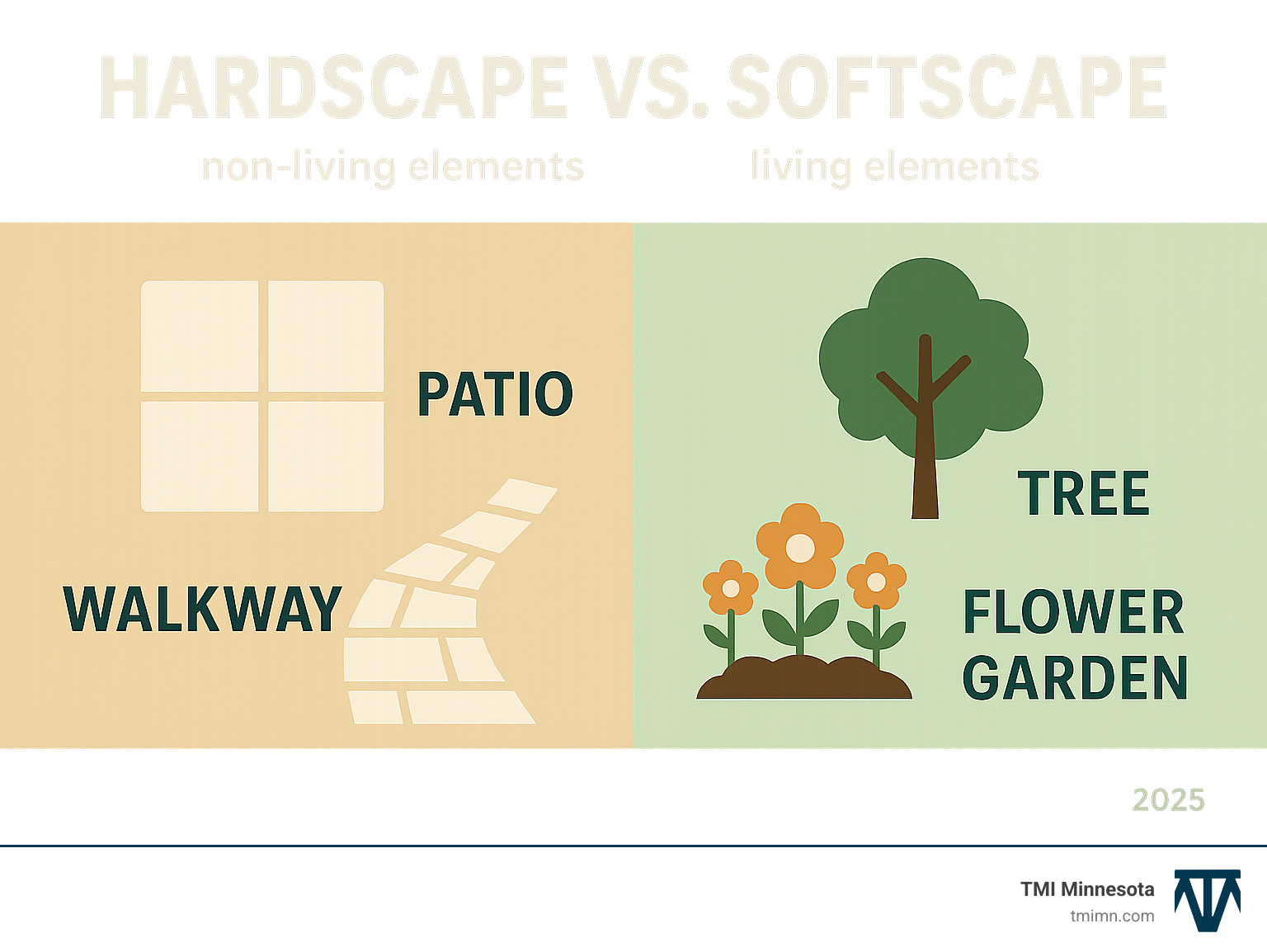 Infographic showing the fundamental differences between hardscape and softscape elements, including examples of hardscape structures like patios and walkways versus softscape elements like trees and flower gardens, with visual icons and clear definitions - hardscape and softscape infographic 