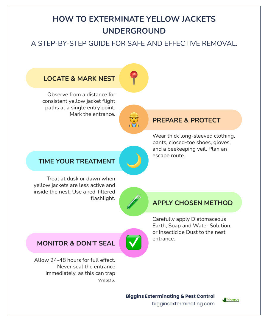 Infographic showing step-by-step process to safely exterminate yellow jackets underground, including identification of nest entrance, proper timing at dusk, essential protective equipment like thick clothing and gloves, three treatment methods (diatomaceous earth, soap solution, insecticide dust), and safety precautions with escape route planning - exterminate yellow jackets underground infographic infographic-line-5-steps-colors
