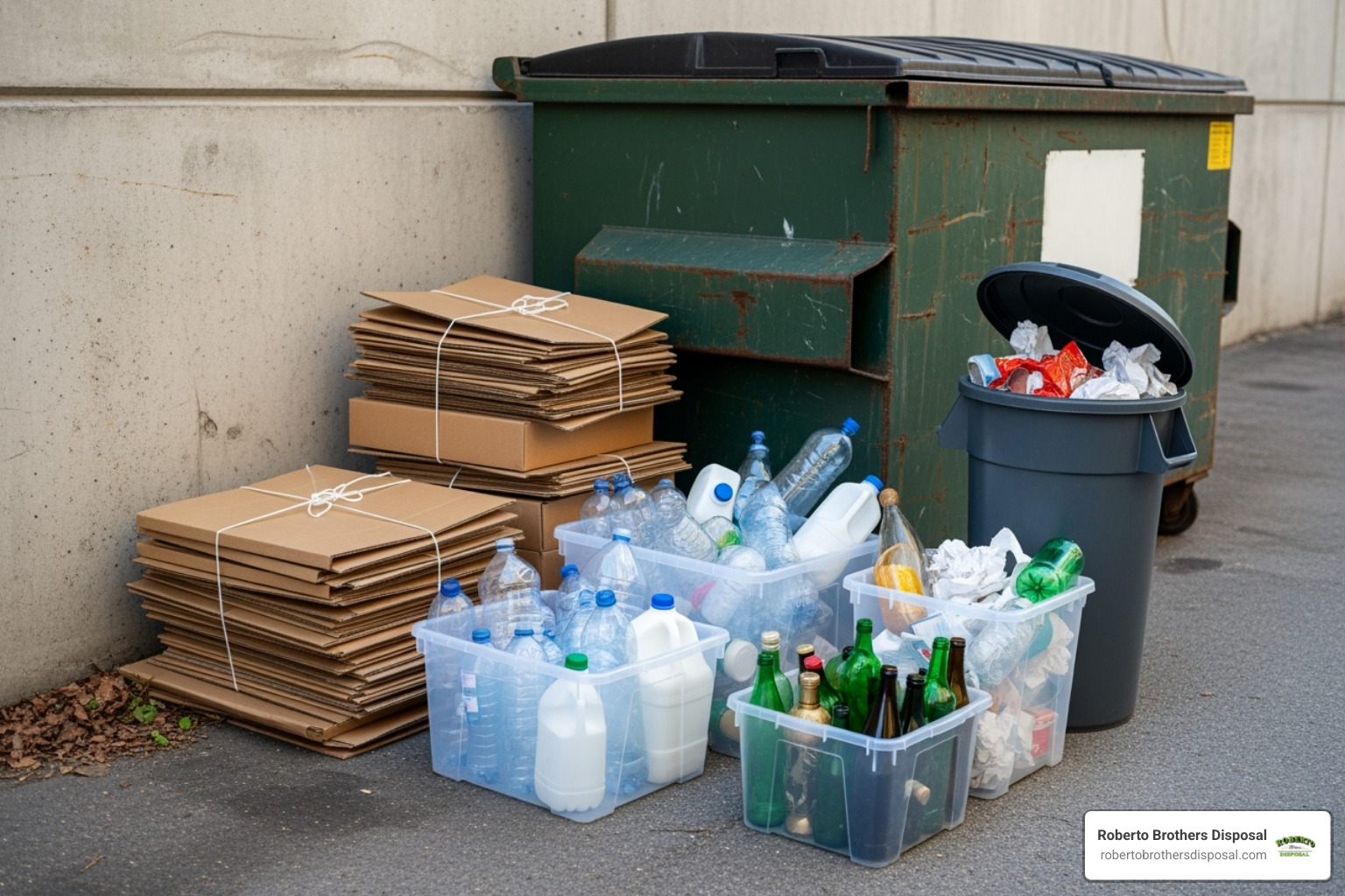 different types of waste sorted next to a dumpster - commercial dumpster rental prices