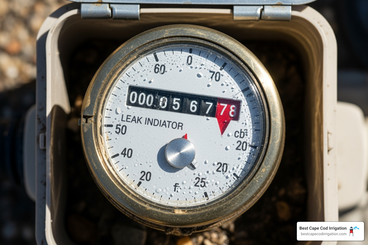 A residential water meter showing the leak indicator dial - Sprinkler system leak detection