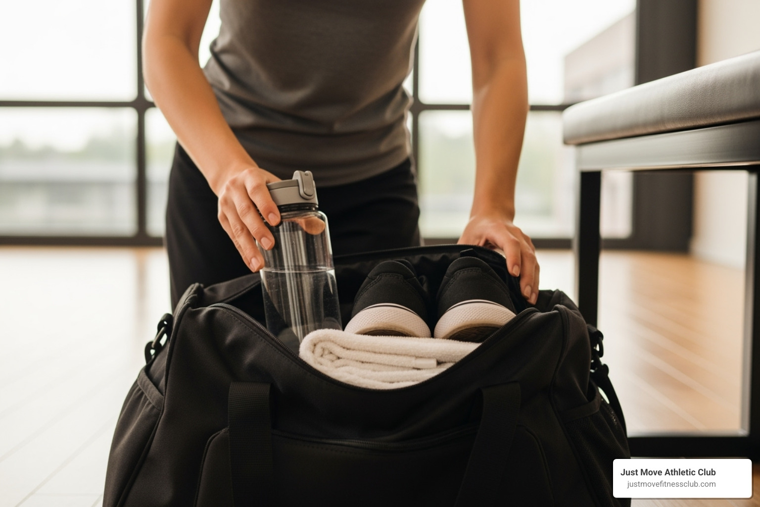 person packing a gym bag with a water bottle, towel, and sneakers - zumba class near me person packing a gym bag with a water bottle, towel, and sneakers - zumba class near me